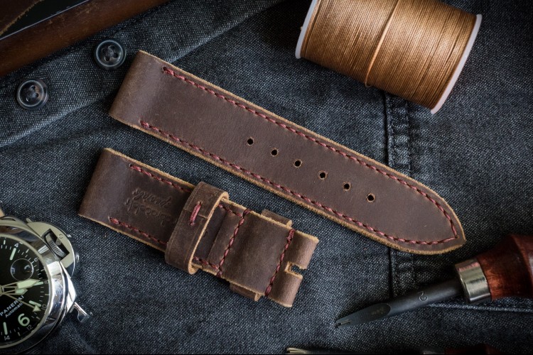 Handmade 24/24mm Brown Crazy Horse Leather Watch Strap 127/80mm With  Burgundy Stitching and Raw Sides
